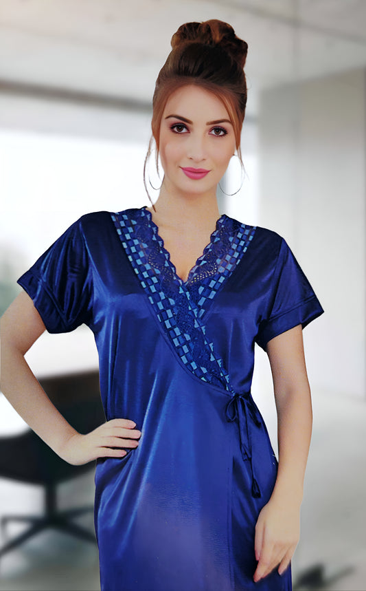 Navy Blue Satin Stretchable Nightwear Set – Sleeveless Gown with Robe for Women | Elegant & Soft Loungewear