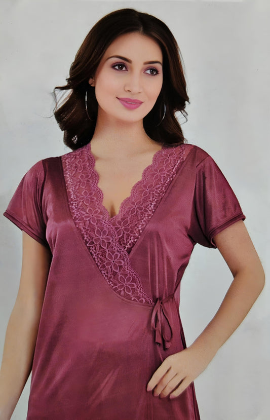 Mauve Pink Stretchable Satin Nightwear Set – Sleeveless Nighty with Robe | Luxury Sleepwear for Women