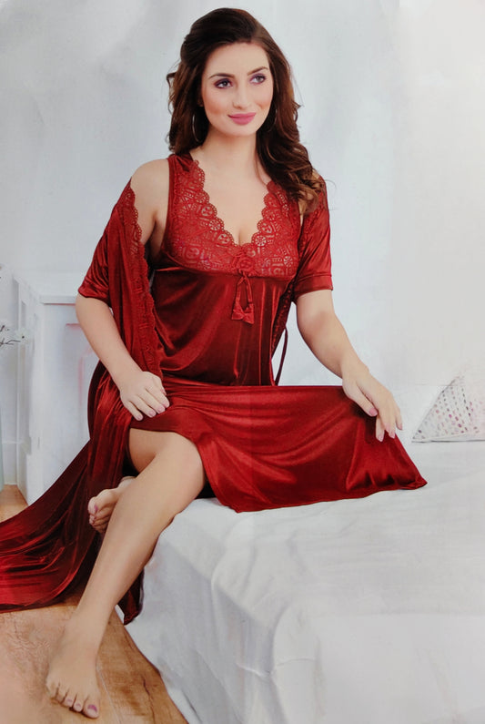 Red Satin Nightwear Set – Elegant Sleeveless Nighty with Lace Robe | Sensual Sleepwear for Women