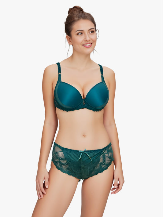 Crystal Teal Luxury Push-Up Bra & Panty Set – Elegant, Padded & Perfectly Lifted