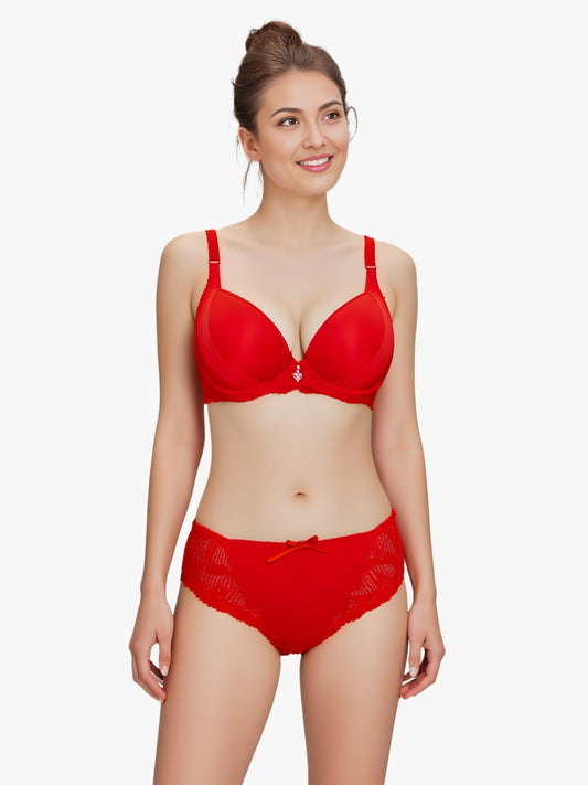 Red Lace Push-Up Bra & Panty Set – Fierce, Flattering & Padded for Perfect Lift